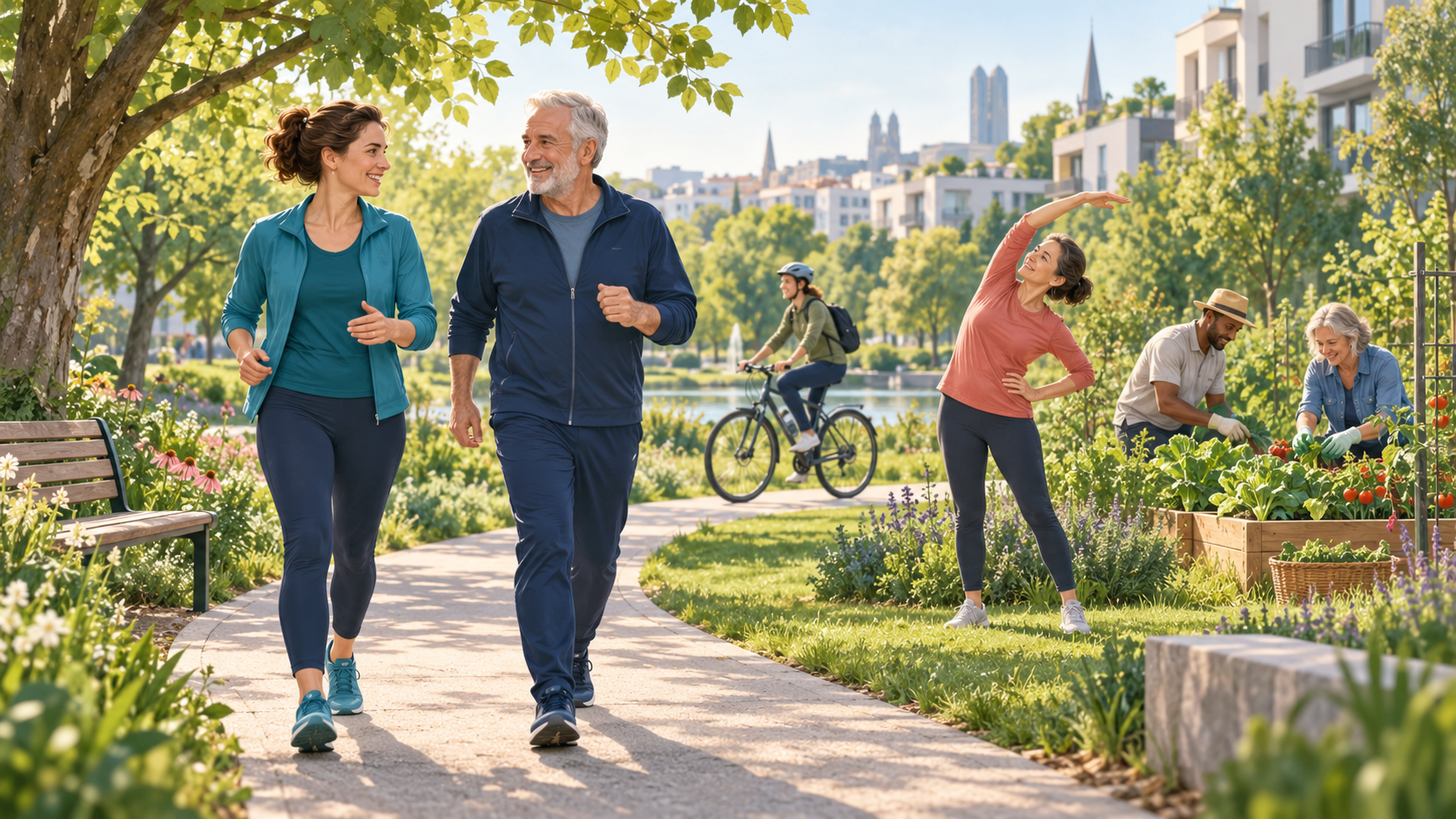 Menschen beim gemeinsamen Gehen, Radfahren, Dehnen und Gärtnern in einem grünen Stadtpark.