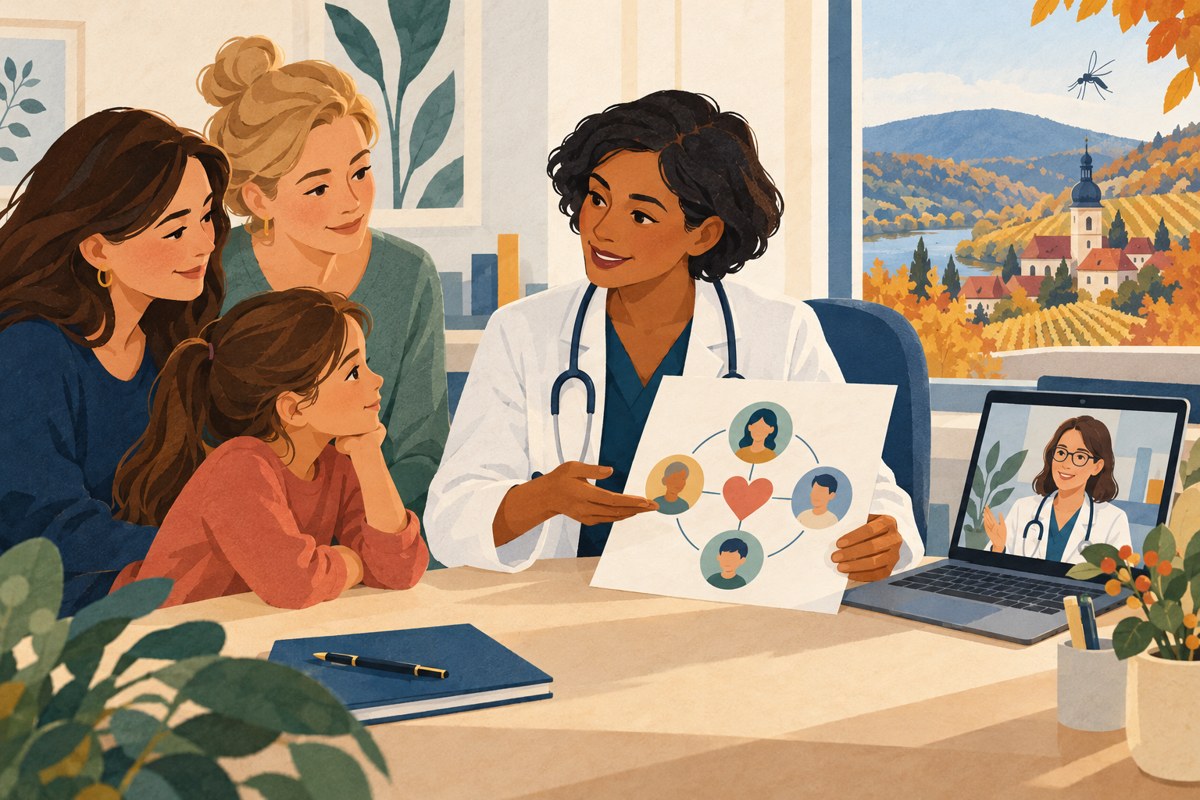 Eine Hausärztin erklärt einem Kind und zwei begleitenden Frauen eine Familienskizze mit Herz; daneben zeigt ein Laptop eine Ärztin in der Videosprechstunde, im Fenster liegt eine herbstliche Landschaft mit Mückensymbol.